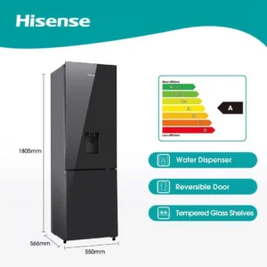 Efficient Hisense H370BMI-WD Combi Refrigerator 263L Black Mirror with Water Dispenser